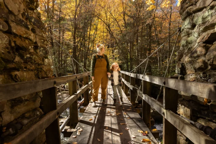 Adult and child walking hand-in-hand across a wooden footbridge surrounded by autumn forest with golden fall foliage, framed by large rock formations on either side.