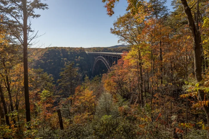 Fall scenic view of a steel arch bridge crossing a forested valley, framed by autumn trees with colorful leaves in the foreground and rolling hills covered in fall foliage.