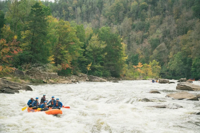 Whitewater rafting scene with a group of people in an orange raft navigating rapids on a river, surrounded by forested hills displaying early fall colors in green and yellow.