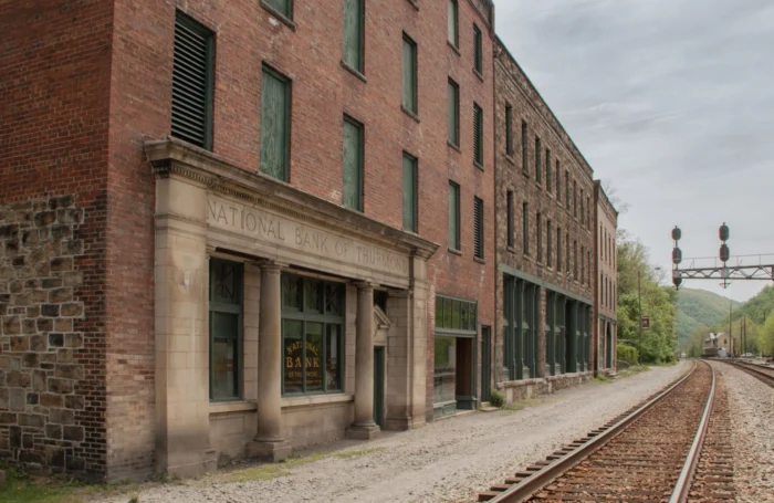Historic brick building with National Bank of Thurmond facade next to railroad tracks