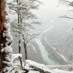 Snow-covered trees frame a view of the misty New River Gorge with the turquoise New River below