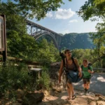 Two people climb a rocky trail through lush green trees with the iconic New River Gorge Bridge arching across the canyon in the background.