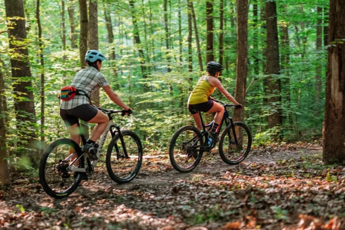 Two women in helmets ride mountain bikes along a dirt trail through a leafy forest.