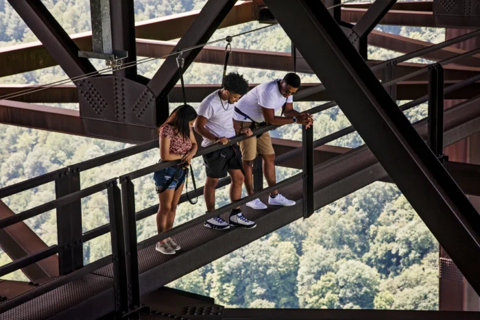 Three people wearing safety harnesses look down from a catwalk on the underside of the New River Gorge Bridge, with a tree canopy visible below.