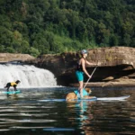 Two women paddleboarding with their dogs on a calm river in front of a Kanawha Falls